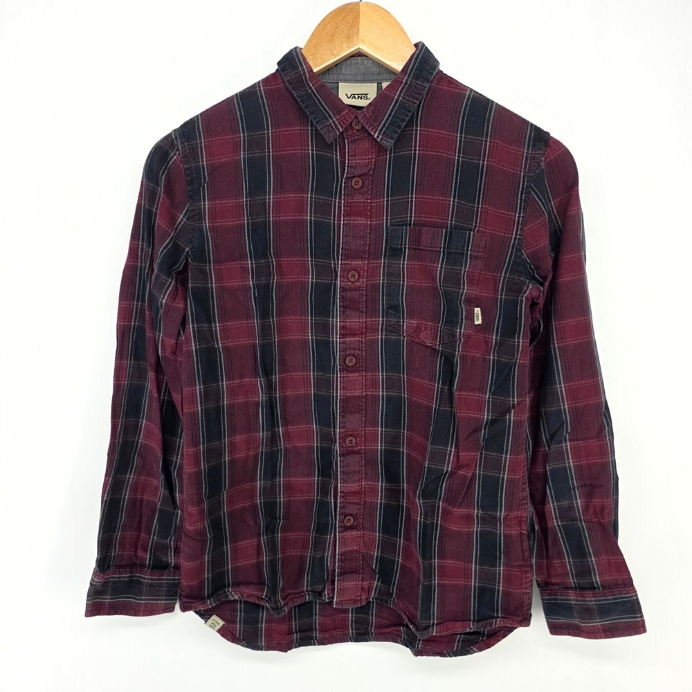 Vans Button Down Shirt Youth Large Burgundy Black Plaid Long Sleeve Skater Shirt